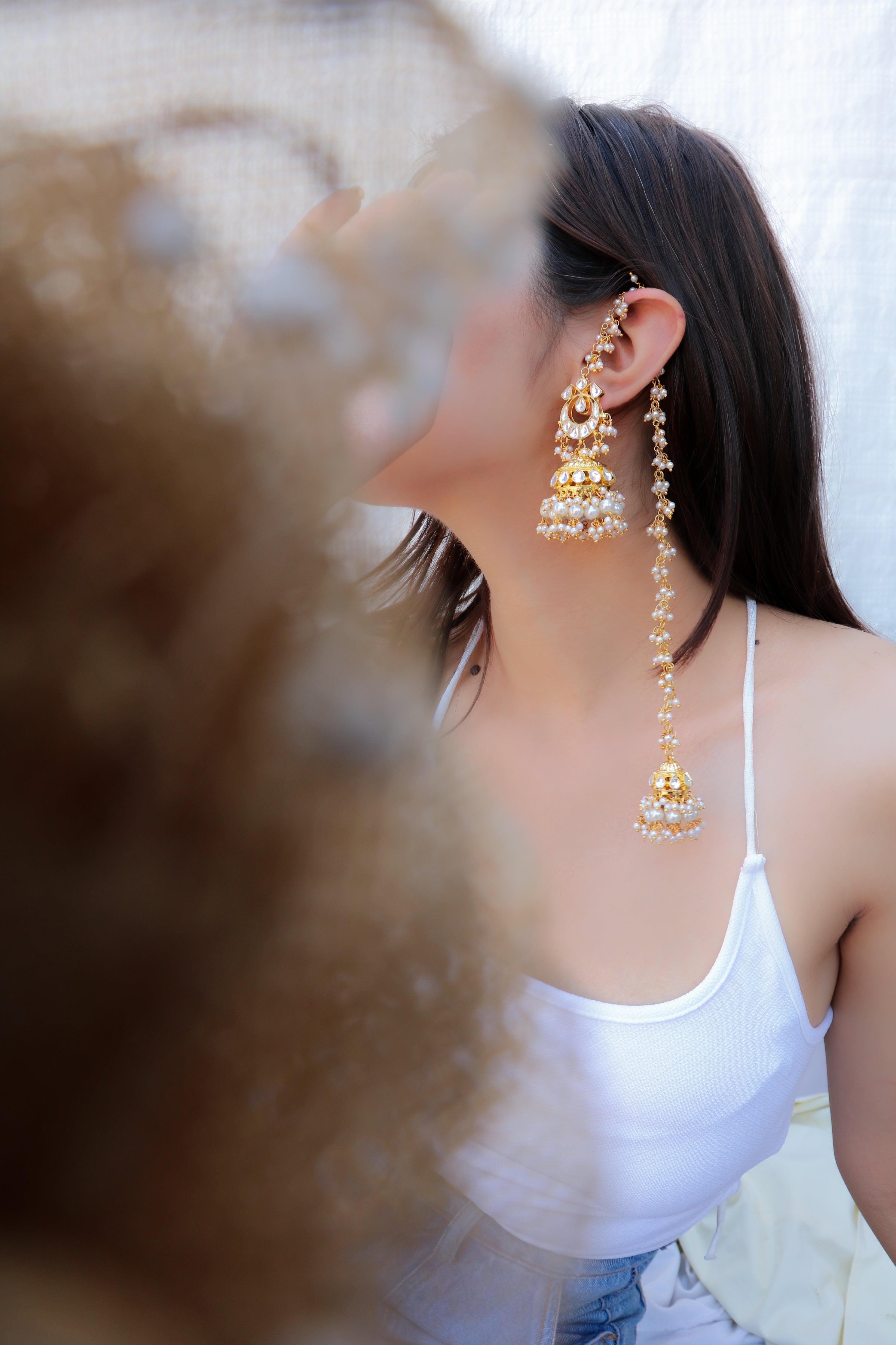 Designer Semi Precious Stone Dangler Chain Jhumka Earrings